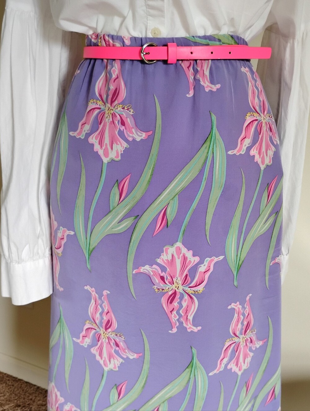 Bob Mackie Wearable Art Silk Iris Flower Skirt Lilac Pink Colorful Size Large
